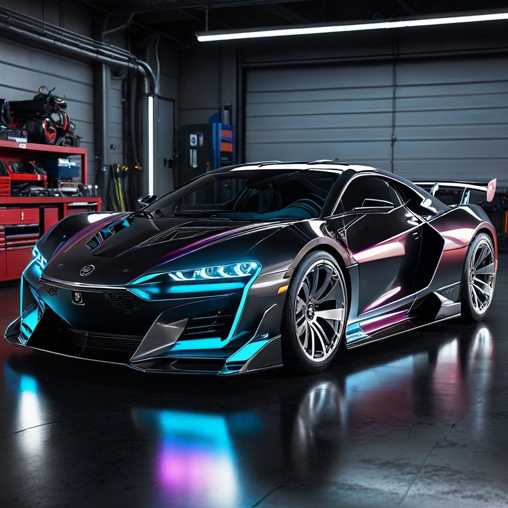 A high-performance car with a sleek, aerodynamic design, adorned with glowing custom mods like a large spoiler, chrome exhausts, and flashy alloy wheels. The hood is open showing a turbocharged engine with neon accents, surrounded by various motor accessories on a garage workbench. Futuristic HUD displays performance metrics, all set in a high-tech garage environment. super-realistic. vibrant colors. detailed. futuristic.