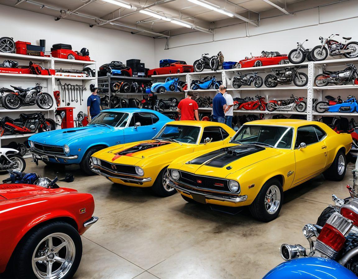 A dynamic garage scene featuring customized cars and motorcycles, with open hoods, exposed turbochargers, and shiny chrome accessories. Mechanics are meticulously working on engines using specialized tools, while shelves are lined with motor accessories. The background is filled with vibrant automotive posters and toolboxes. super-realistic. vibrant colors. white background.