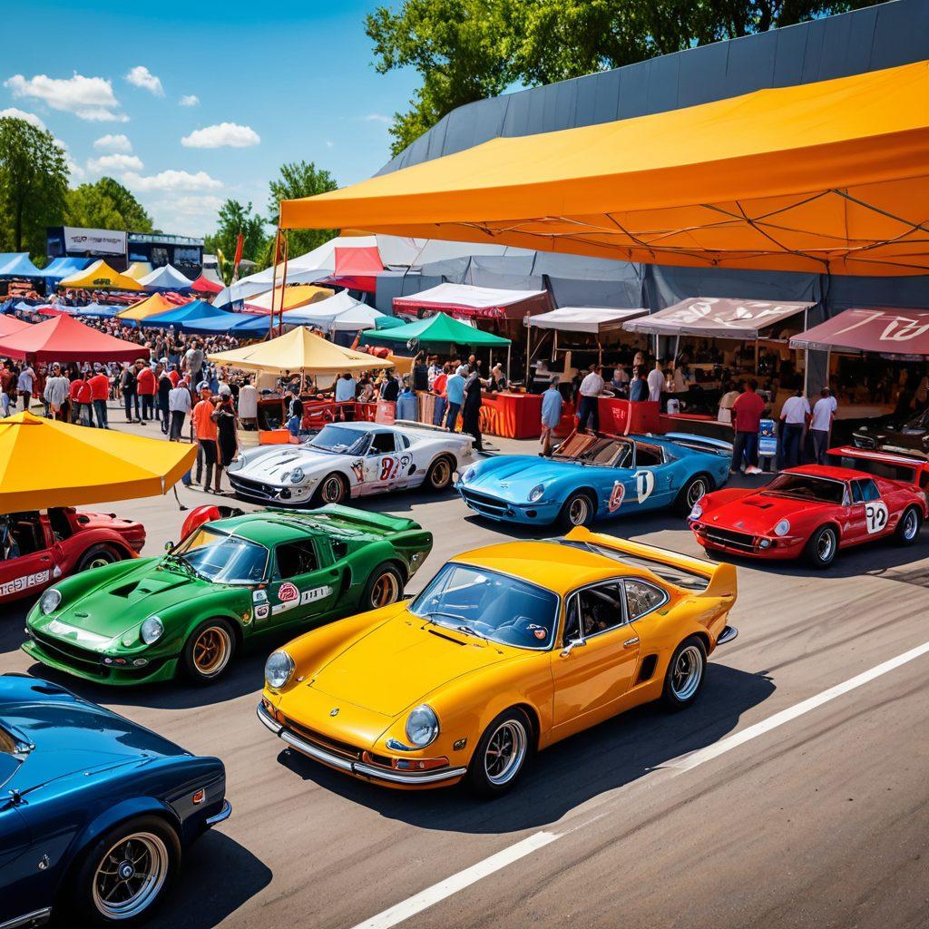 A bustling car show with a variety of classic and modern racing cars showcased under vibrant canopies. Enthusiasts are working on their cars, polishing, checking engines, and upgrading parts with tools. A dynamic race track is visible in the background with cars in motion. Energetic and detailed. vibrant colors. super-realistic.